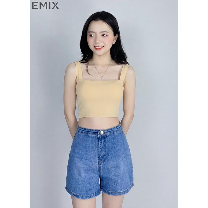 Áo croptop nữ 2 dây bản to EMIX (4 màu), dáng ngắn, cổ vuông, có mút lót, vải cotton co giãn, thấm hút tốt 6045