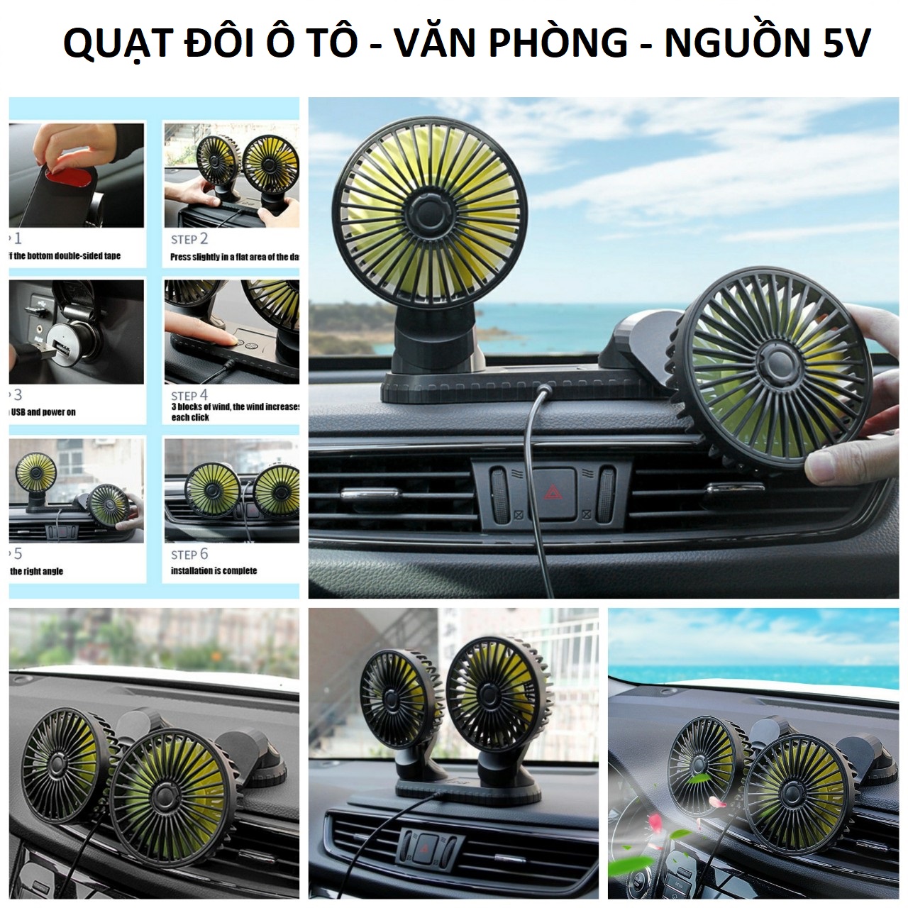 Quạt máy đôi 12v, 24v xoay 360 tiện ích trên ô tô, xe hơi văn phòng cao cấp mẫu mới loại tốt gió mạnh