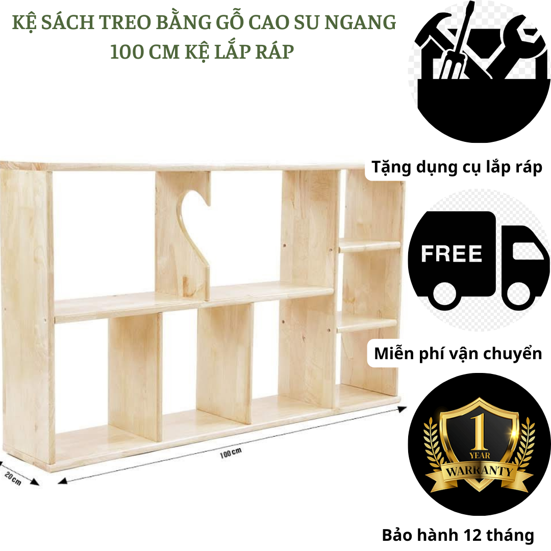 Kệ sách treo tường bằng gỗ cao su thiên nhiên,giá sách treo tường ngang 1M2 kệ trang trí chịu lực tốt