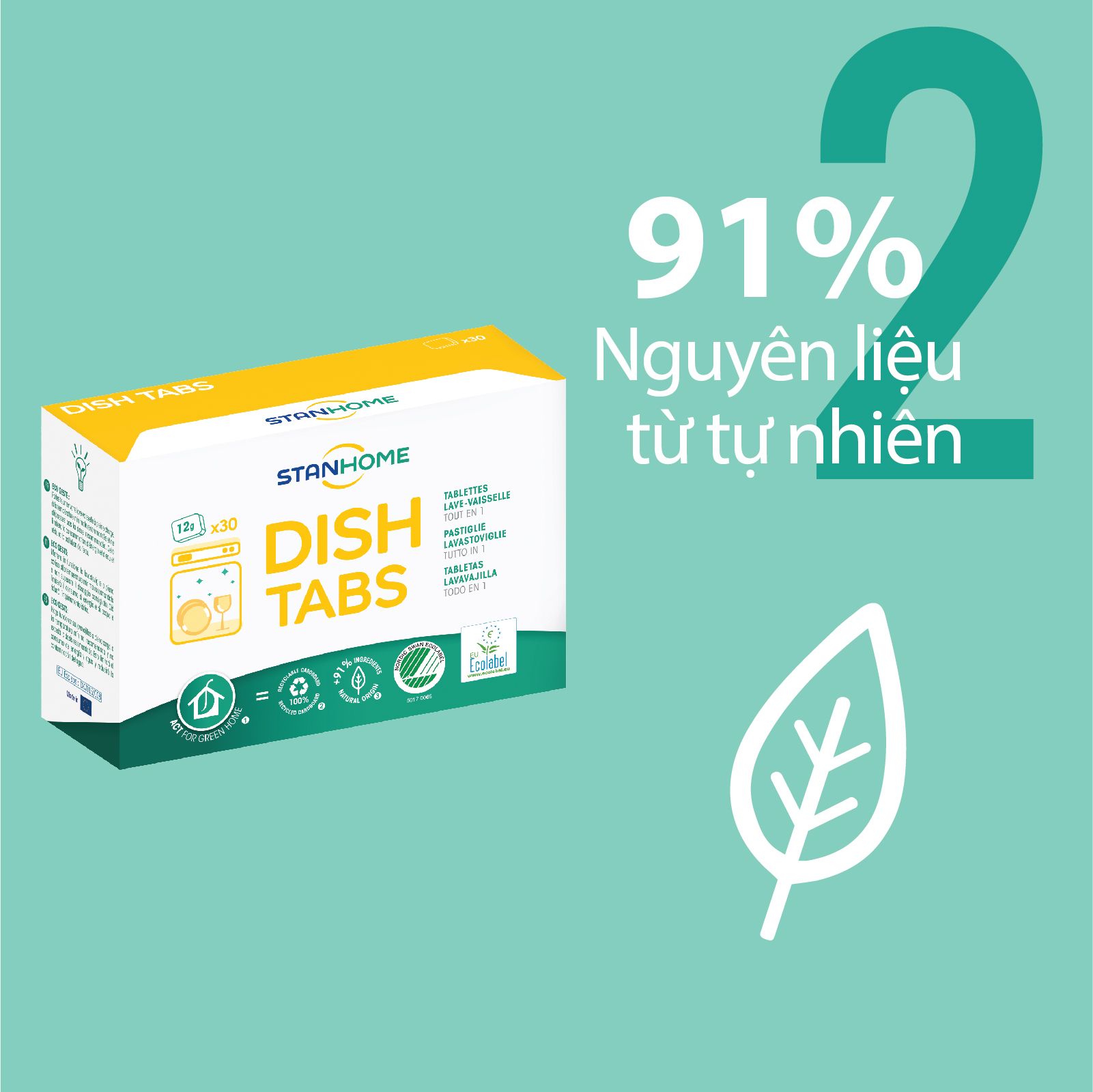 Viên rửa bát cho máy Stanhome Dish Tabs All in one tiêu chuẩn Ecolabel Châu Âu và Ecolabel Bắc Âu - Hộp 30 viên – 12g/viên