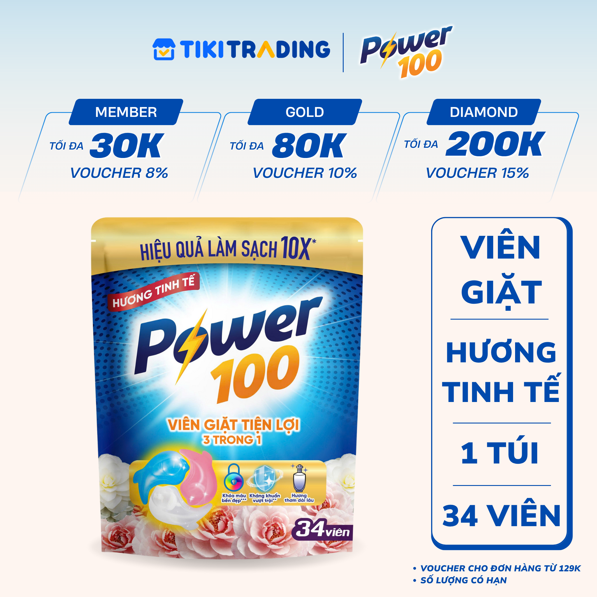 Viên Giặt Tiện Lợi Power100 3 Trong 1 Hương Tinh Tế Túi 34 Viên