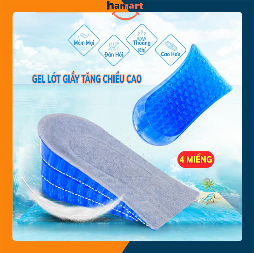 COMBO 4 Miếng Đệm Gel Lót Giày Tăng Chiều Cao Hamart Tuyệt Đỉnh Êm Ái Thoải Mái Gấp 4 Lần