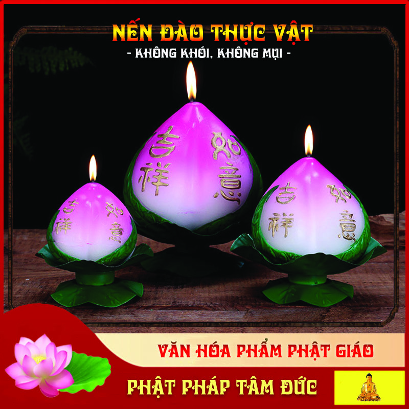 Nến Đào Trường Thọ, Nến Ban Thờ Tự Nhiên Nguyên Chất, Nến Thực Vật An Toàn Cho Sức Khoẻ, Không Mùi, Không Khói