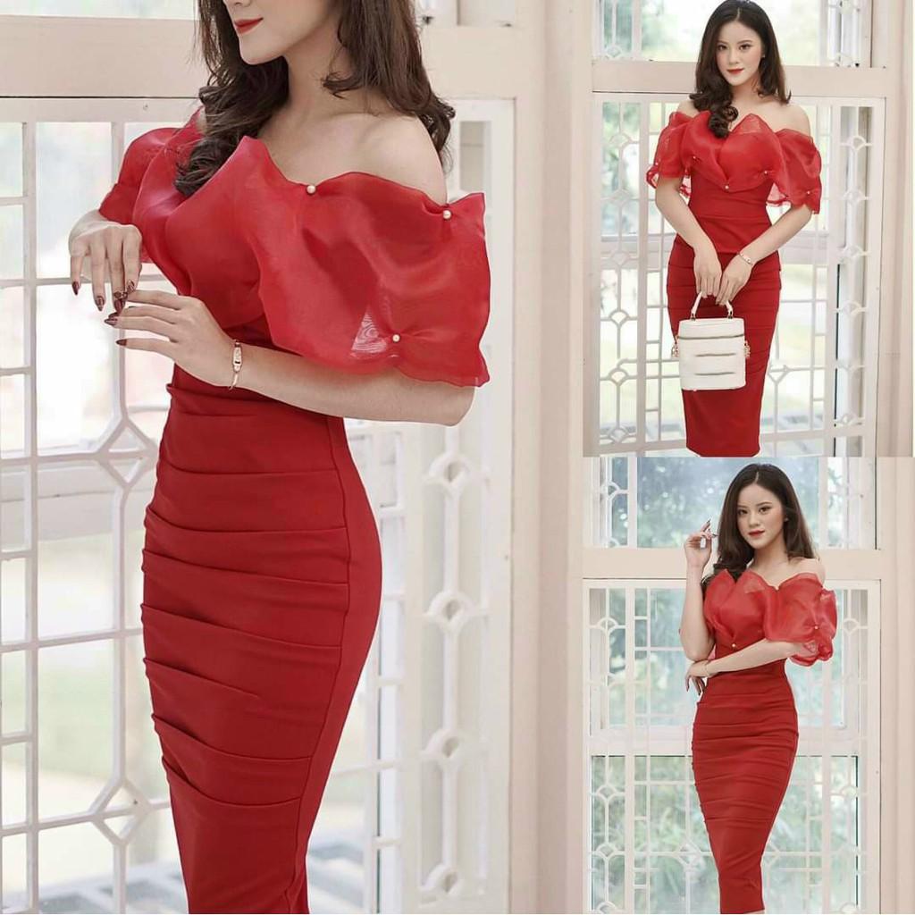 Đầm Nữ Ôm Body Phối Voan Xếp Ly Kết Cườm