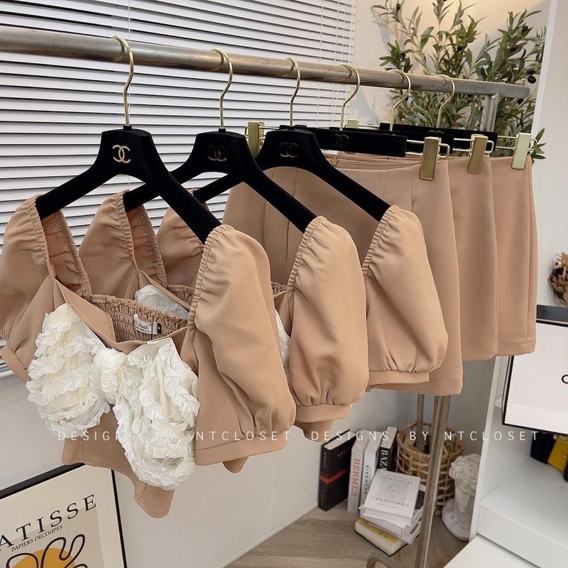 Set áo nơ hoa nổi mix chân váy A nt closet