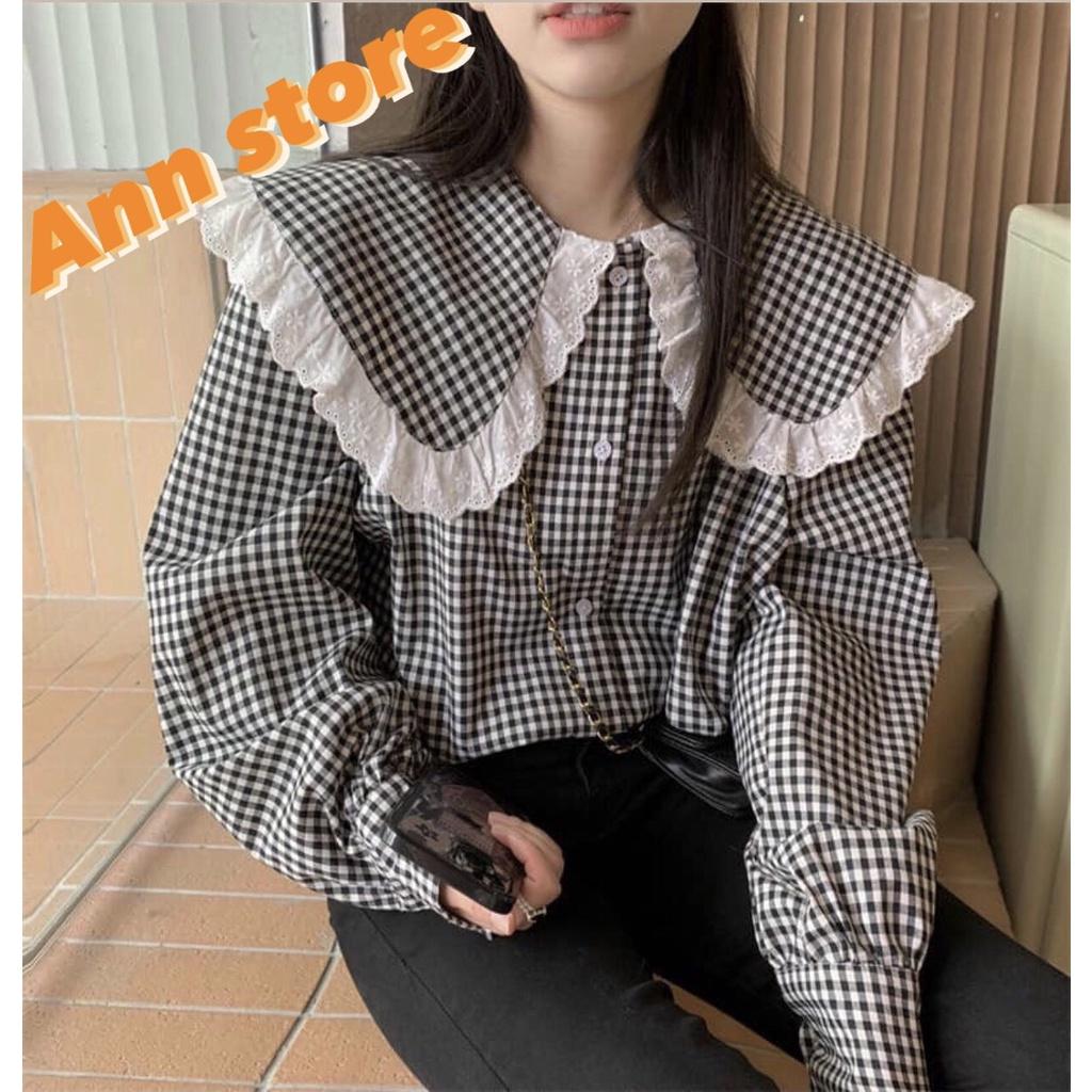 Áo sơ mi nữ kẻ đen trắng cổ tầng viền ren - Áo babydoll siêu trẻ trung hack tuổi mẫu hót nhất 2022