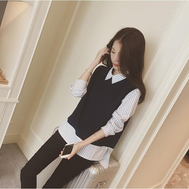 Áo Kiểu Sơ Mi Phối Kẻ Sọc Dành Cho Nữ