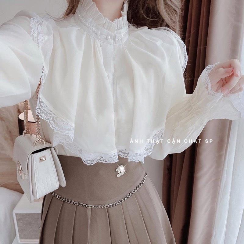 Áo sơ mi kiểu nữ cổ bèo phối ren 2 lớp bánh bèo sang chảnh