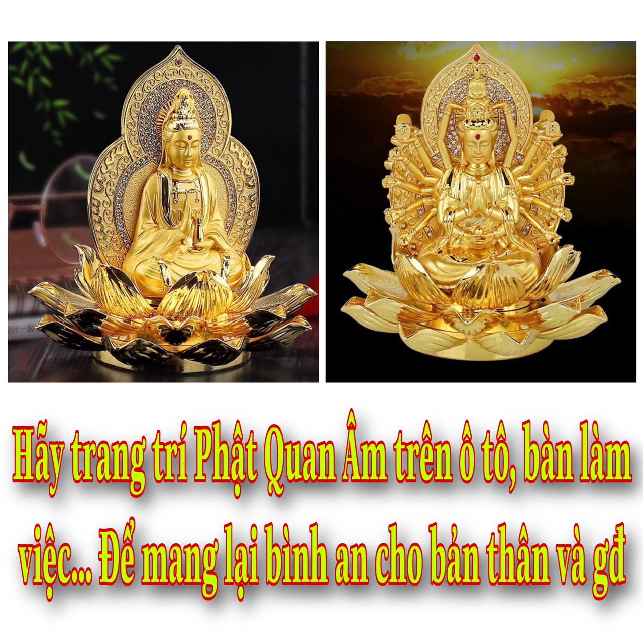 Tượng Phật Bà Quan Thế Âm Bồ Tát Nghìn Tay hai mặt tọa đài sen vàng đính đá kèm nước hoa trang trí taplo ô tô xe hơi