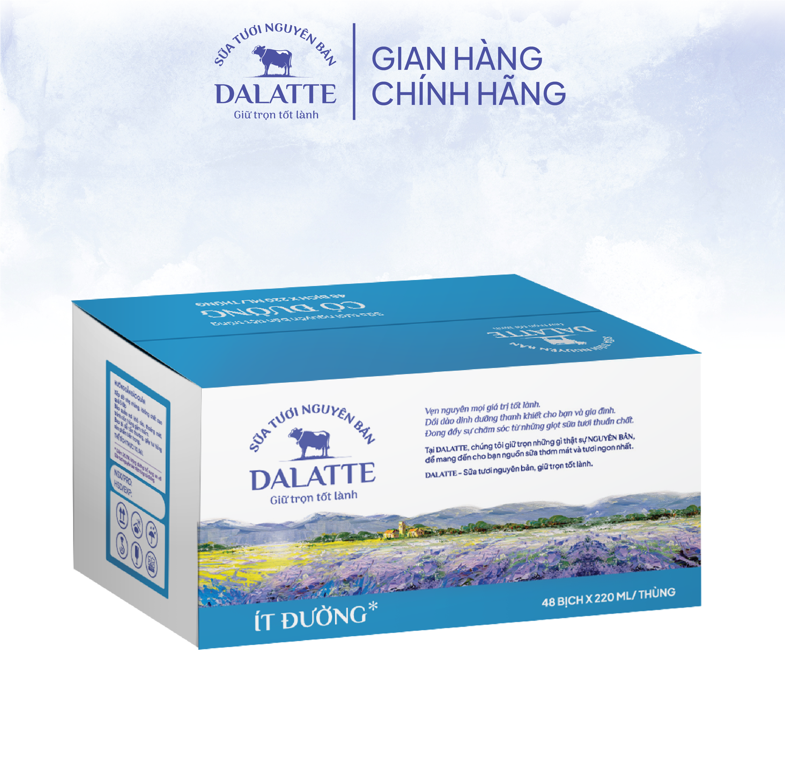 Thùng 48 bịch DALATTE 220ml SỮA TƯƠI NGUYÊN BẢN tiệt trùng - Ít đường - 48 bịch Giữ trọn nguyên bản, trao trọn tốt lành