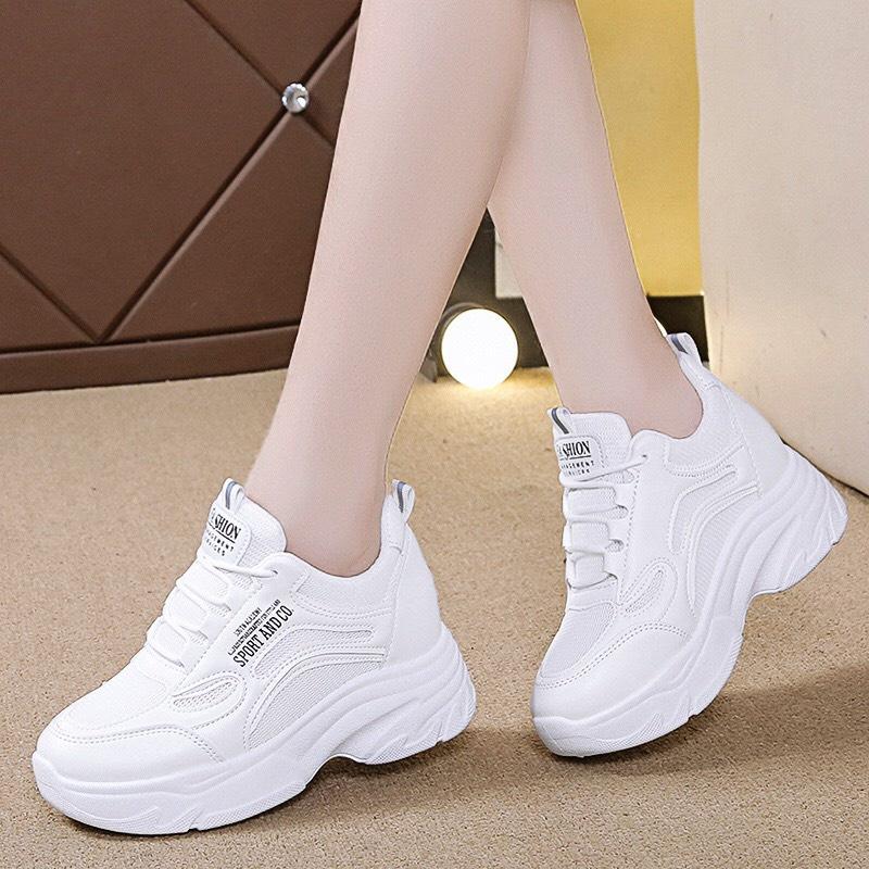 Giày Thể Thao Nữ Độn Đế, Sneaker Tăng Chiều Cao Chất Liệu Da Sang Xịn Mang Êm Chân