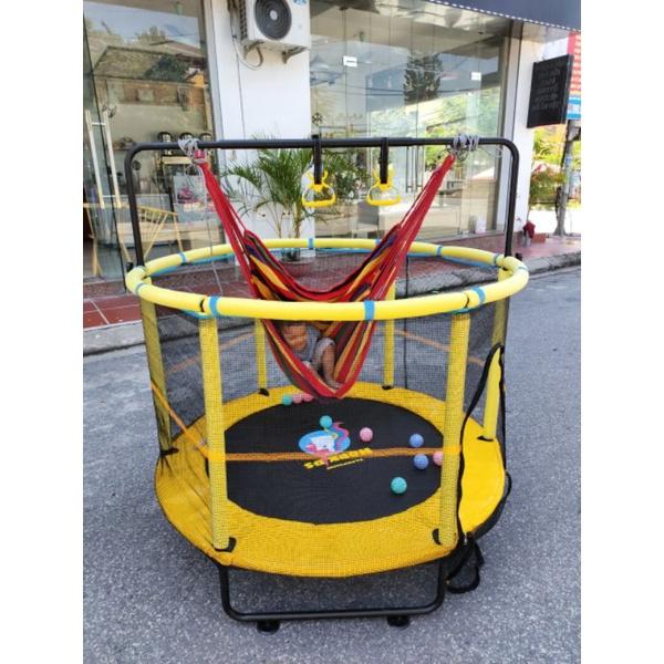 Nhà nhún nhảy cho bé Trampoline Hopkids, bạt nhún quây bóng có xà đơn vận động tăng chiều cao tải trọng 250kg