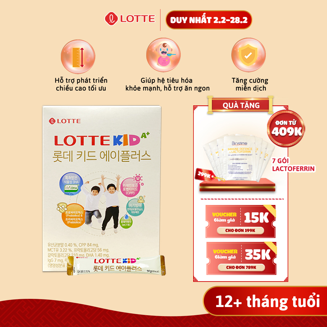 Sữa Bò Lotte Kid A+ Hàn Quốc hộp giấy tiện lợi, hỗ trợ trẻ tăng chiều cao, hộp 140g 10 gói