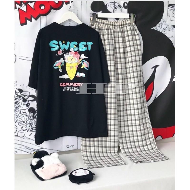 Sét áo kem Sweet + quần kẻ trắng to TH6