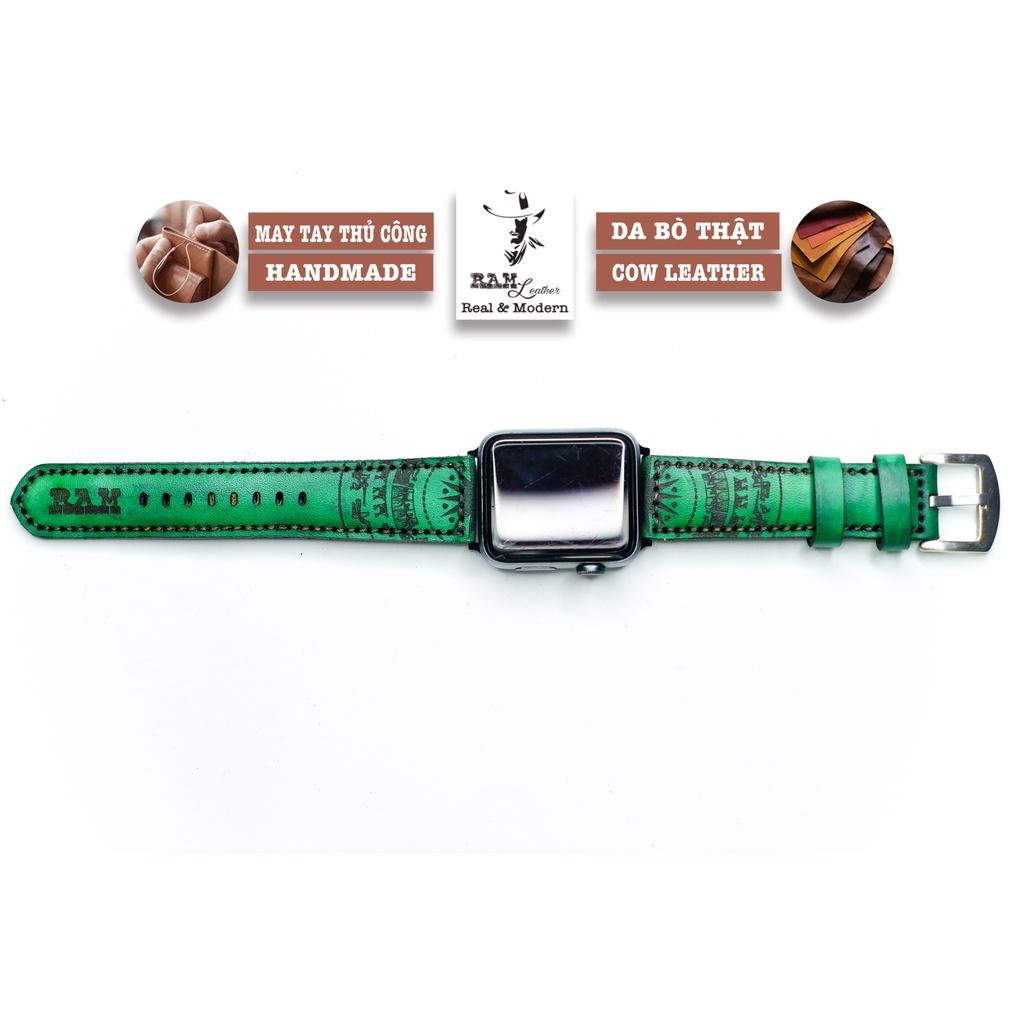 Dây đồng hồ da bò thảo mộc cao cấp xanh ngọc handmade bền chắc - chính hãng RAM Leather