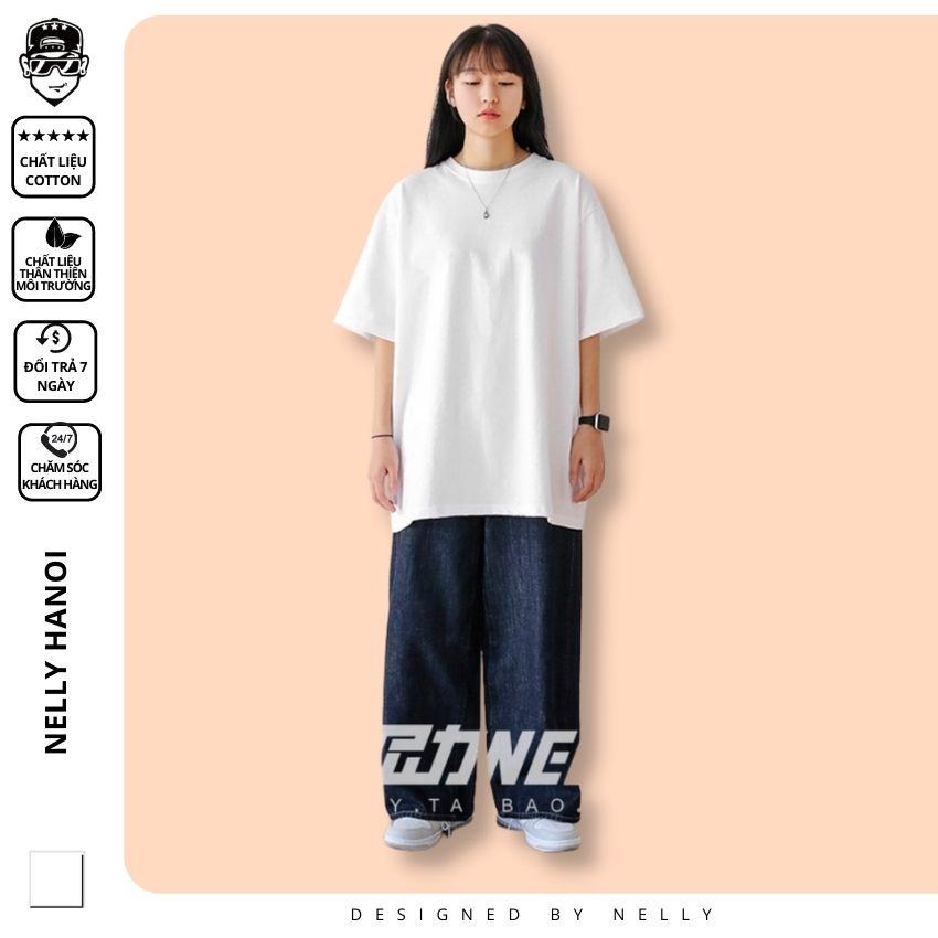 Áo thun tay lỡ NELLY phông Unisex nam nữ oversize form rộng trắng trơn