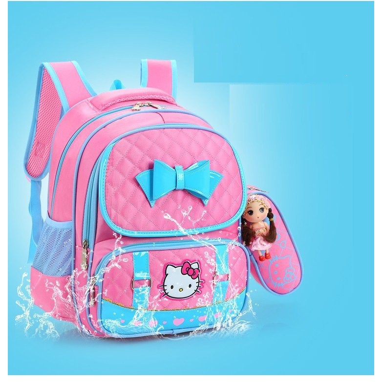 Balo đi học cấp 1 cho bé gái hình Hellokitty tặng kèm hộp bút và búp bê đáng yêu