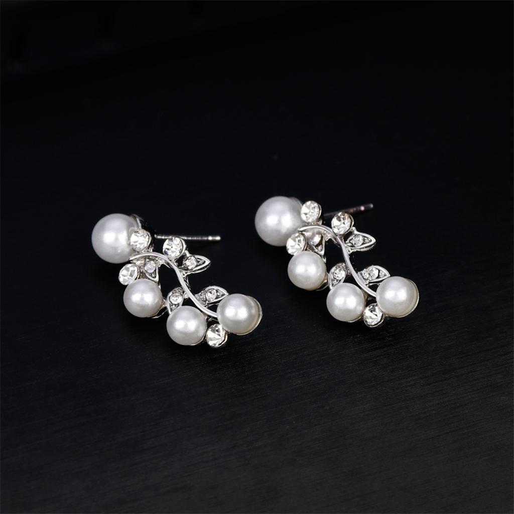 Crystal Rhinestone Pearl Flower Leaf Necklace Earrings Set Wedding Jewelry