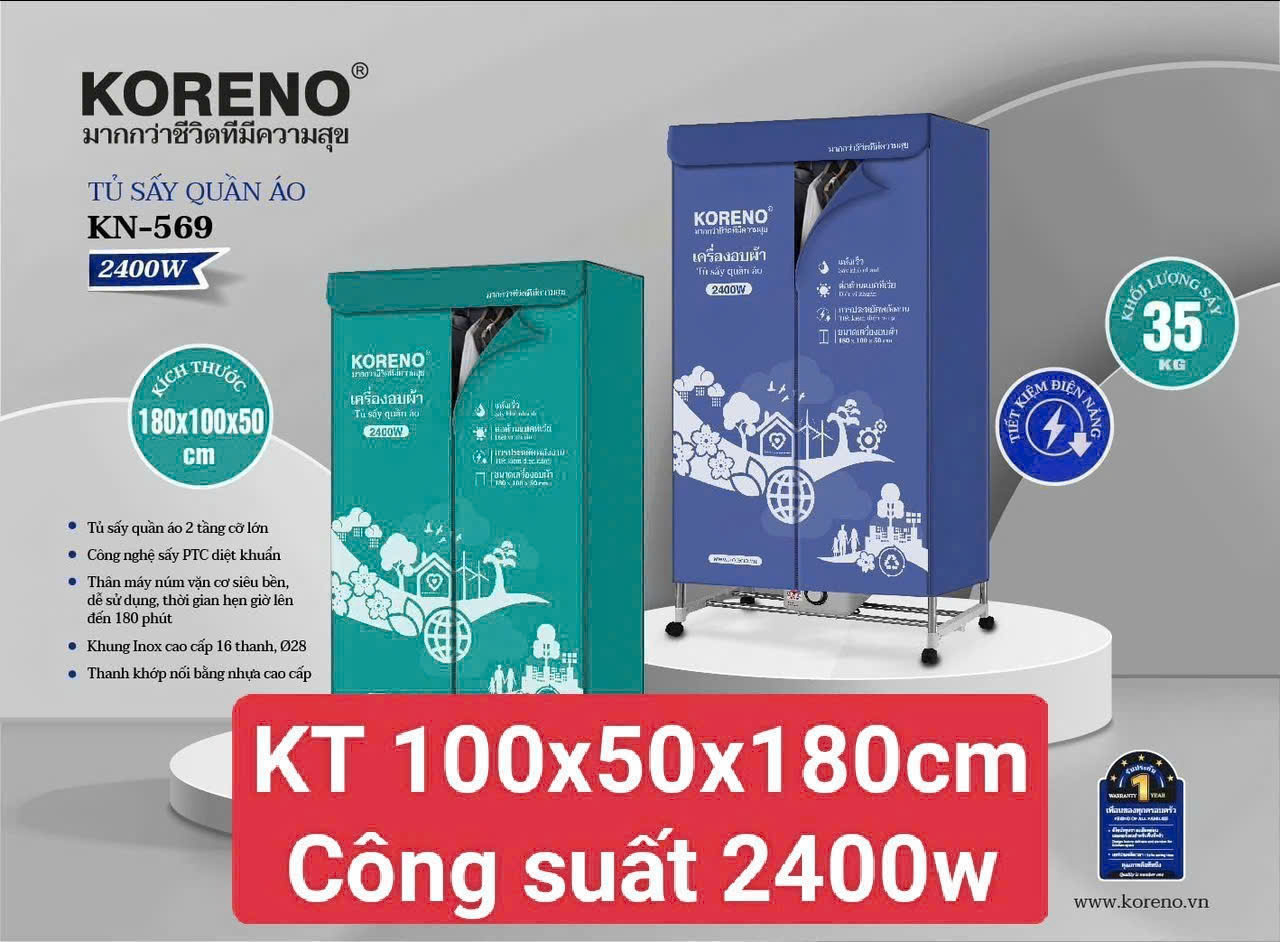 Tủ sấy quần áo KORENO KN - 569 LOẠI TO công suất 2400W Máy sấy quần áo hẹn giờ thông minh, sử dụng công nghệ sấy PTC Hàng chính hãng