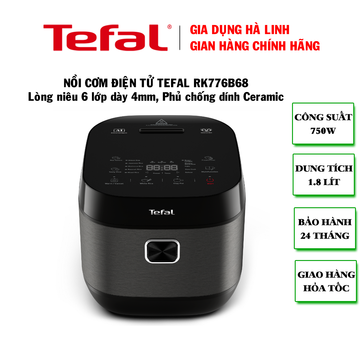 Nồi cơm điện tử Tefal RK776B68, Công suất 750W, Dung tích 1,8 lít, Lòng nồi niêu 6 lớp độ dày 4mm bằng nhôm phủ chống dính Ceramic, Hàng chính hãng - Bảo hành 2 năm