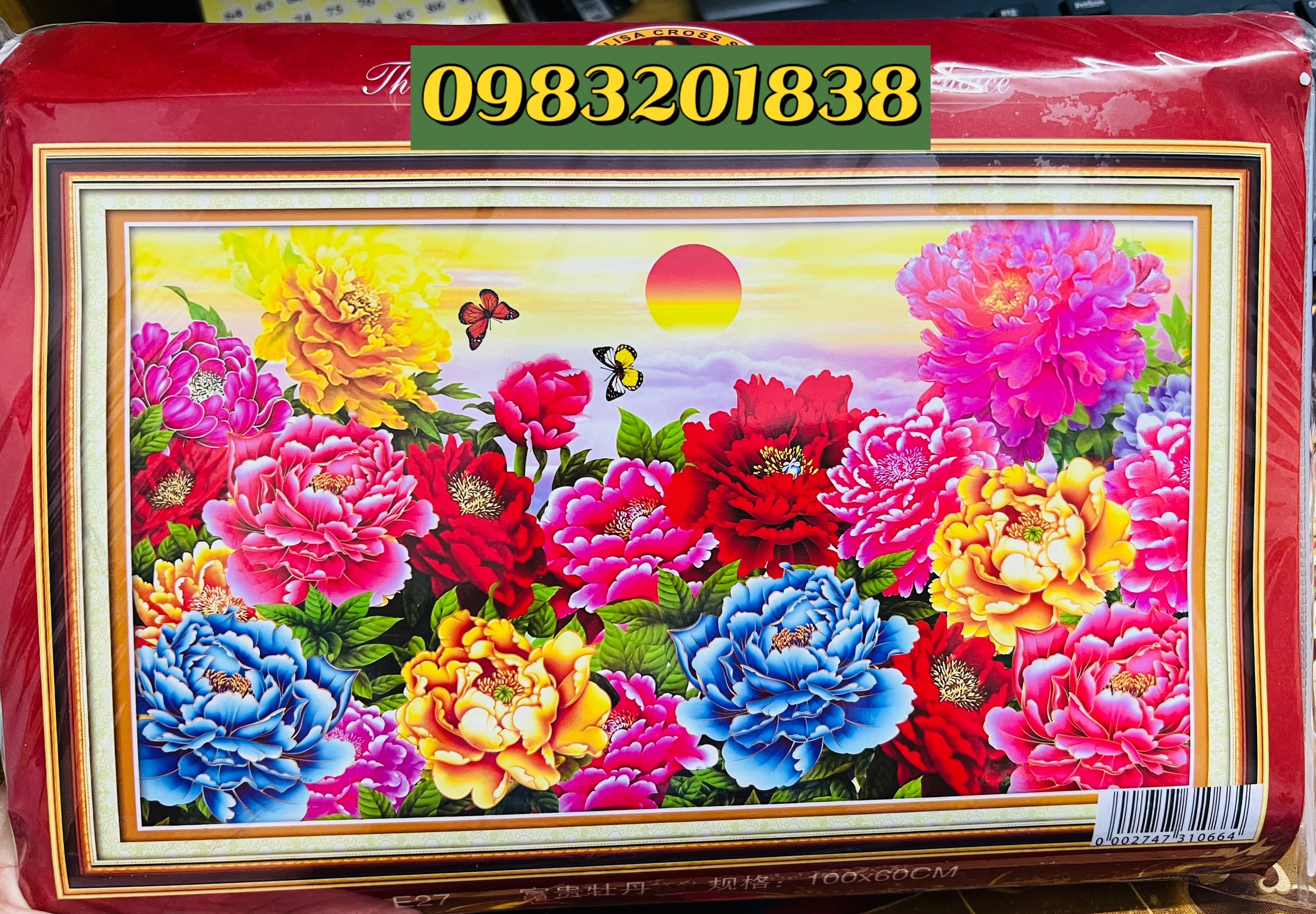 Tranh thêu chữ thập, tranh thêu kín Hoa mẫu đơn E27, kích thước 100 x 60 cm