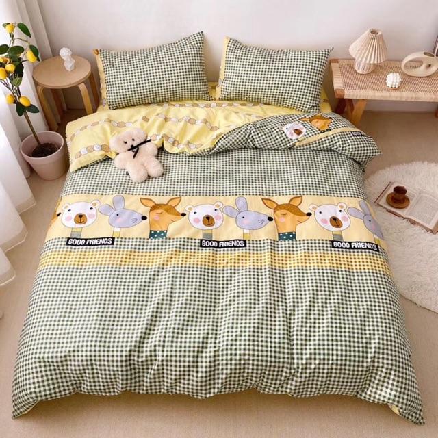 Set Cotton living Hàng Nhập Khẩu Cao Cấp 4 Món Muôn Thú Kẻ Vàng Xanh