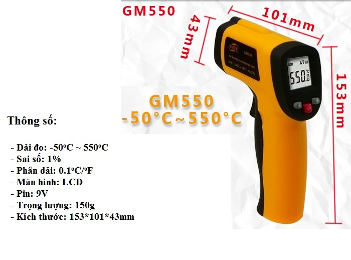 Thiết bị laser hồng ngoại đo nhiệt độ môi trường nhanh, độ nhạy cao thông minh GM550 - Tặng kèm pin