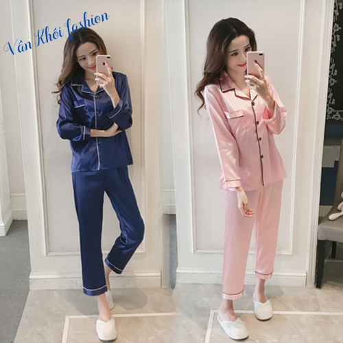 Bộ đồ Pijama ngủ mặc nhà, quần áo ngủ nữ dài tay Vân Khôi -chất liệu lụa trơn đẹp mát thanh lịch
