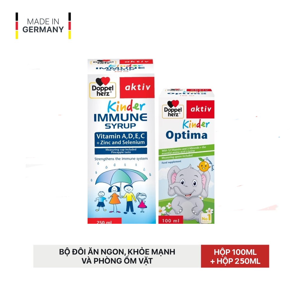 Bộ đôi giúp trẻ ăn ngon, khỏe mạnh và phòng ốm vặt Doppelherz Aktiv Kinder Optima và Kinder Immune Syrup