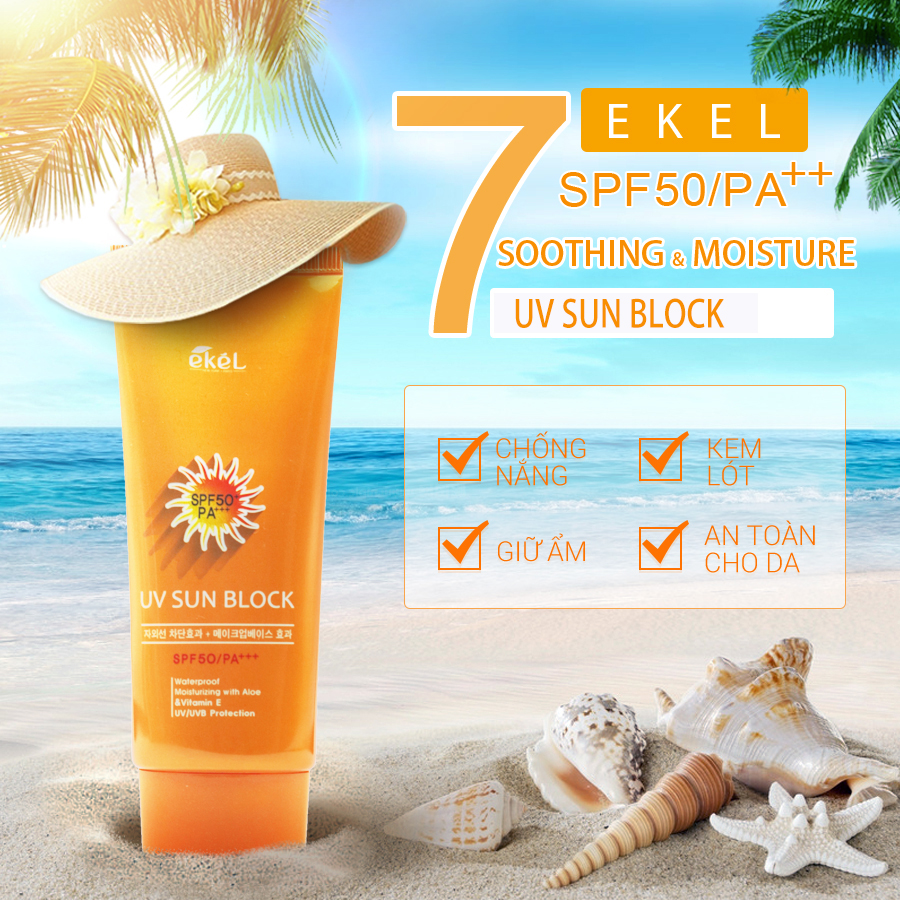 Kem Chống Nắng UV SunBlock Ekel Khả Năng Chống Nắng Cao SPF 50+,Ngăn Ngừa Laõ Hóa , Bảo Vệ Da Nhập Khẩu Hàn Quốc 70ml