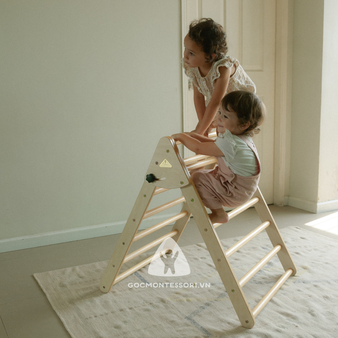 Combo Pikler Triangle 95cm Góc Montessori Giúp Trẻ Phát Triển Vận Động Thô: Thang Tam Giác Vận Động Gấp Gọn + Tấm Trèo Kiêm Cầu Trượt 95cm