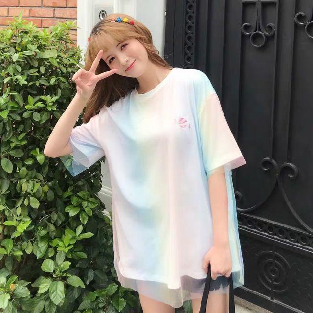 Áo thun tay lỡ phối lưới cầu vồng Hàn Quốc
