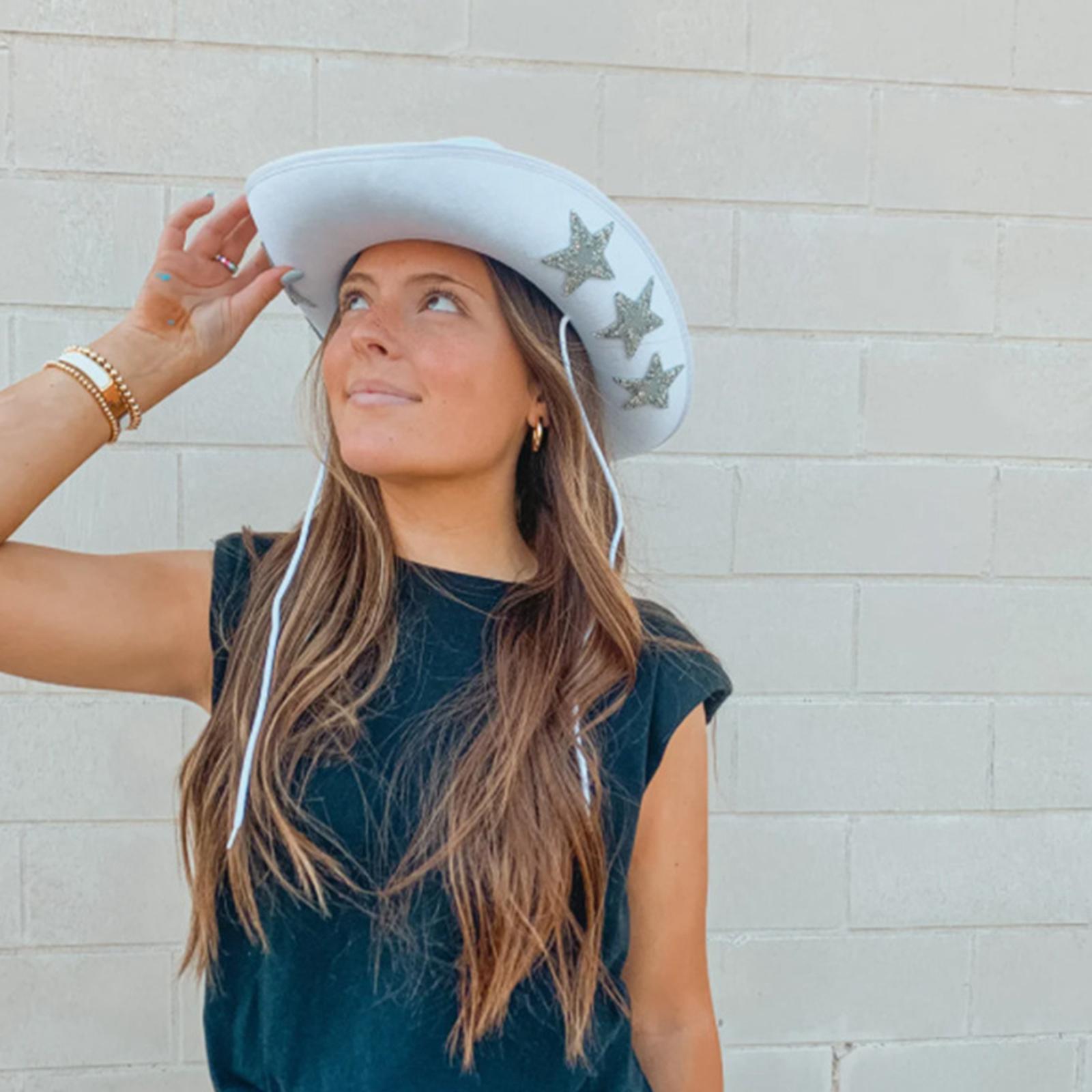 White Cowgirl Hat, Women Cowboy Hats with Sequin Star, Cowboy Costume Accessories for Adults Party Hat and Play Dress up