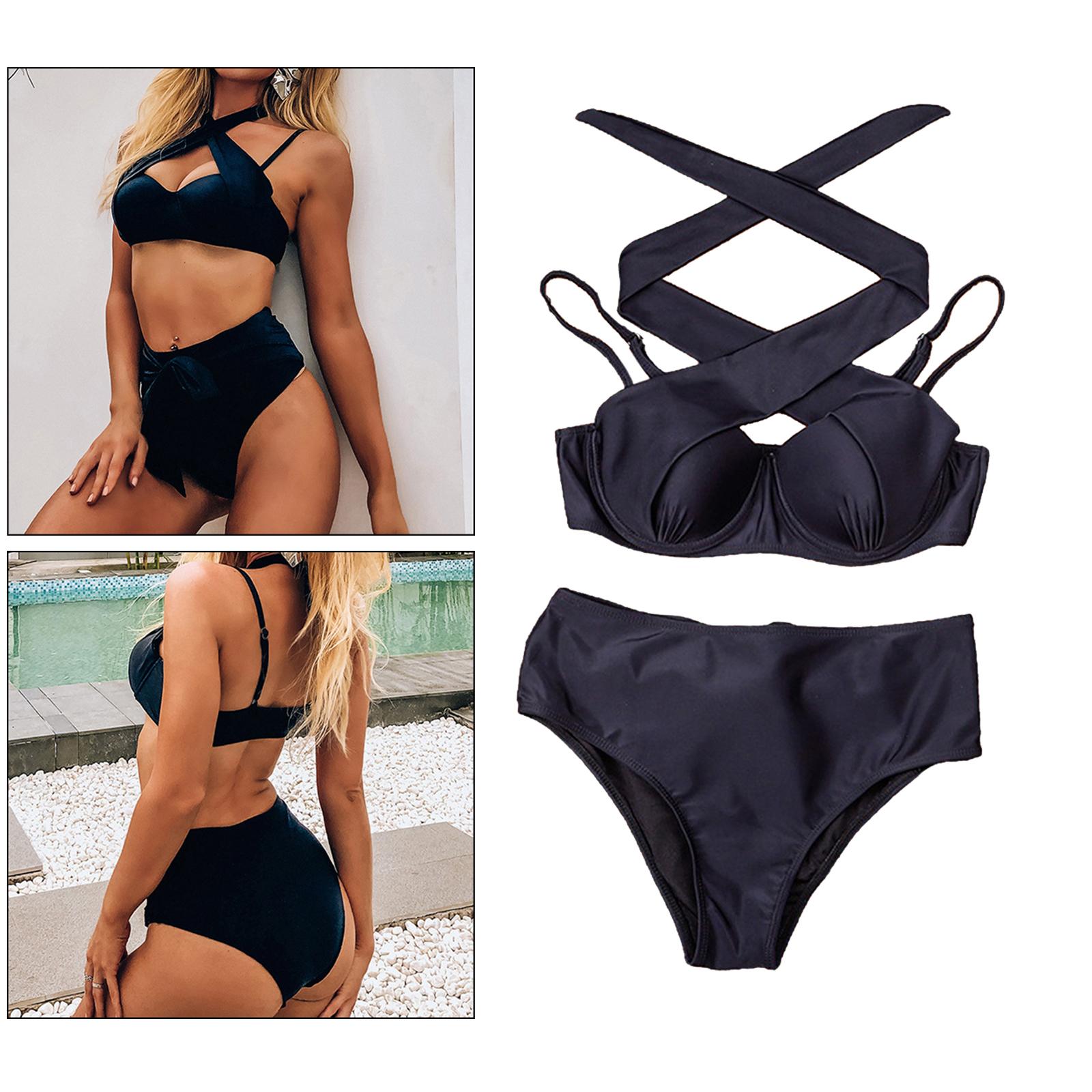 Women's Sexy High Cut Triangle Bathing Suits Padded Halter Bra Set Swimsuit Two Pieces Beachwear