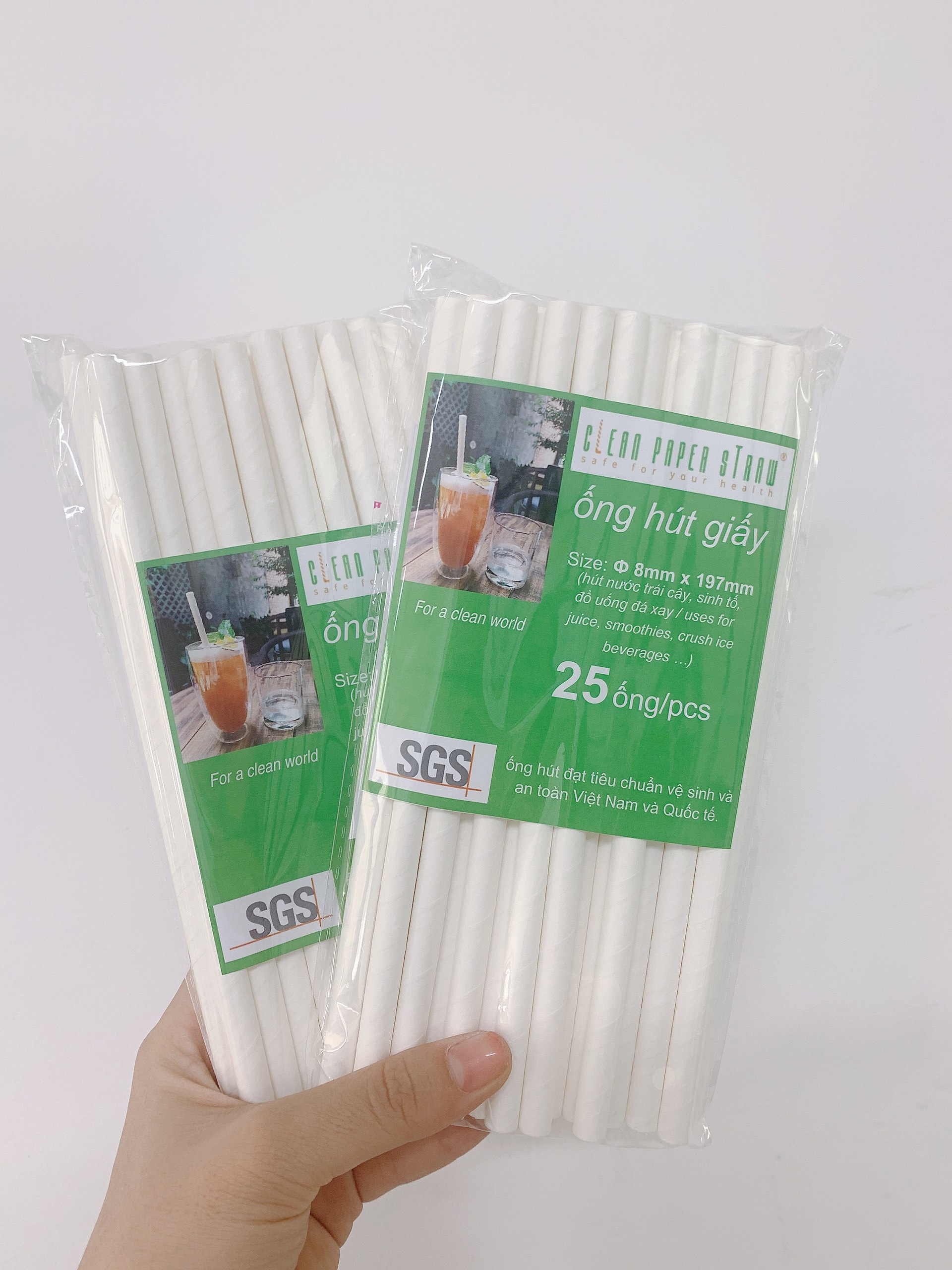 5 túi ( 25 ống/ túi) hút giấy cao cấp Clean Paper Straw 8mm x 197mm dùng cho sinh tố, đá xay....