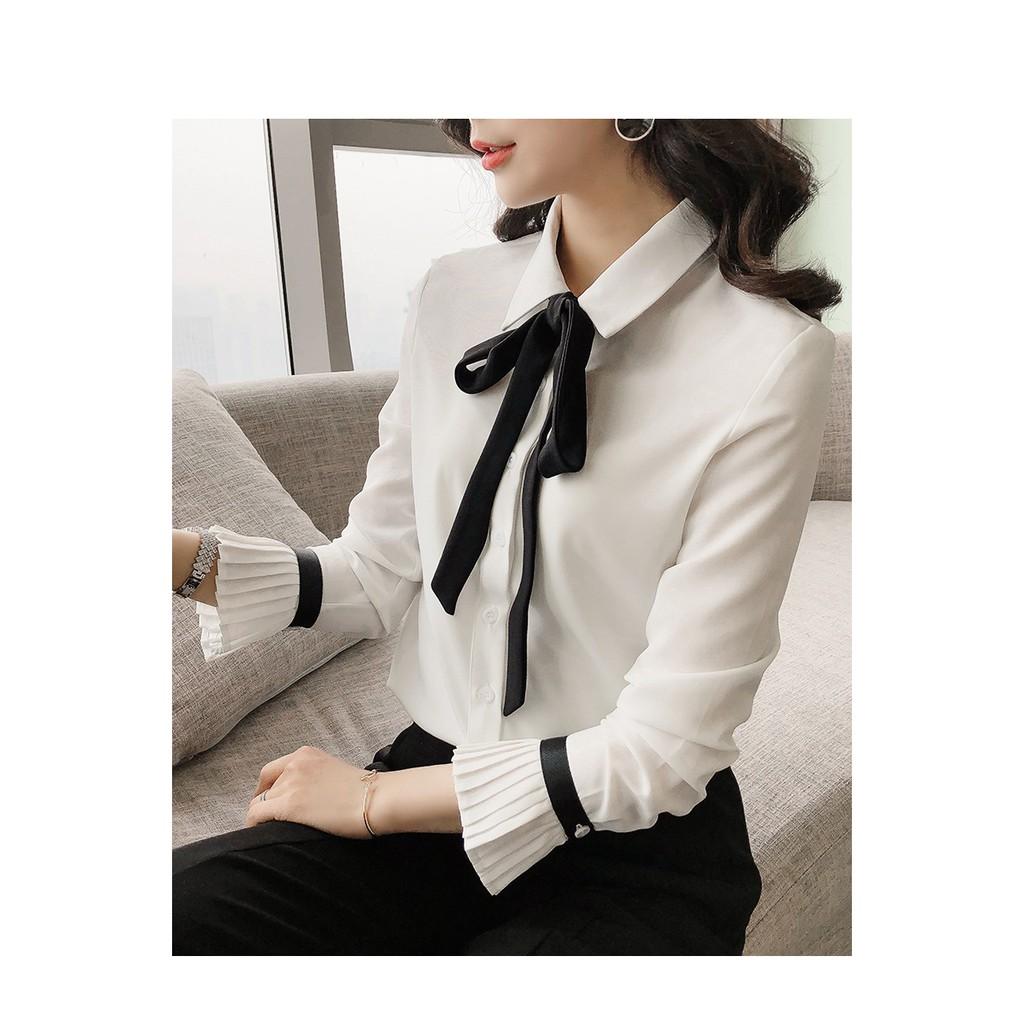 Áo sơ mi nữ cổ nơ tay chumpet xinh xắn, thời trang trẻ, phong cách Hàn Quốc