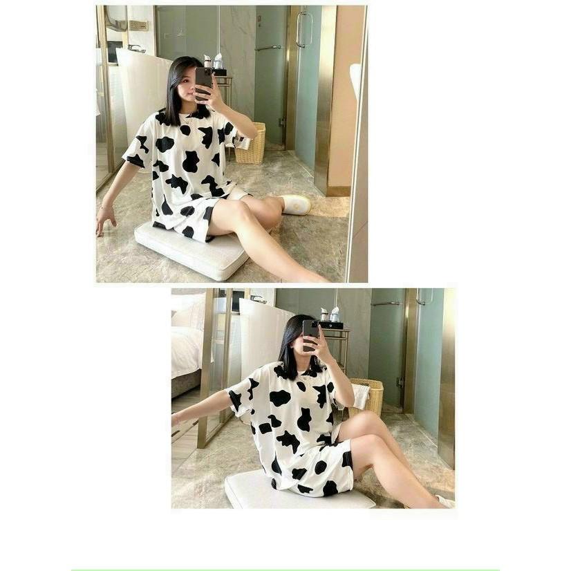 Set Bộ in bò sữa freesize dướ 65kg,chất thun cotton cực dễ thương, co giãn,thoáng mát cho ngày hè