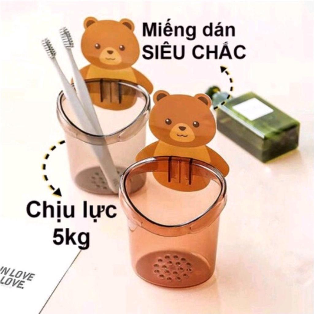 Cốc gấu dán tường đựng bàn chải đánh răng, cốc gấu nâu đựng kem đánh răng