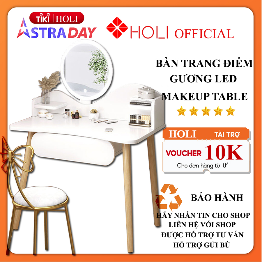 Bàn trang điểm gỗ HOLI (AK11) có Gương LED cảm ứng, Ngăn kéo rộng, Chân gỗ tự nhiên chắc chắn