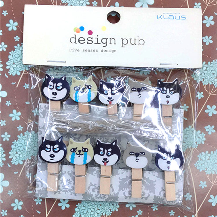 Set 10 Cái Kẹp Gỗ Sơn Design Pub hình Chó Husky (Tặng 1,5m dây cói)