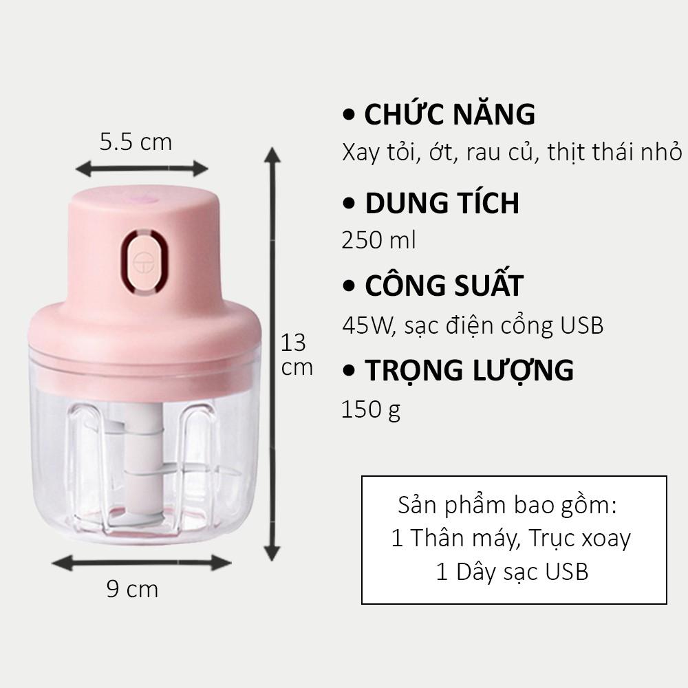 Máy Xay Tỏi Ớt Cầm Tay Mini Có Cổng Sạc Điện, Lưỡi Dao Thép 3 Tầng Sắc Bén Và Dung Tích 250ml