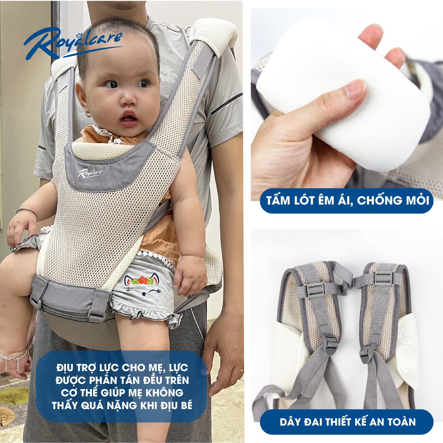 Địu ngồi trẻ em 4 tư thế lưới siêu thoáng Air mesh siêu thoáng Royalcare - 906 - cho bé 3 tháng tới 36 tháng - tặng khăn yếm cho bé