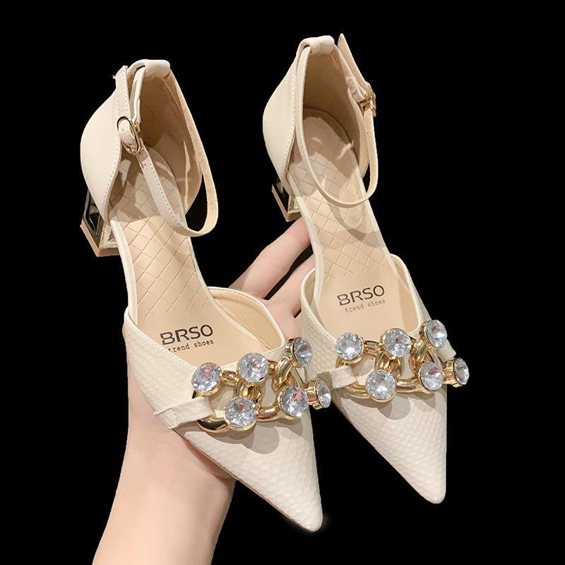 22 Spring and Summer New Fairy Diamond Fashion Sandals online celebrities in the same style with Baotou thick heel single shoe tip buckle