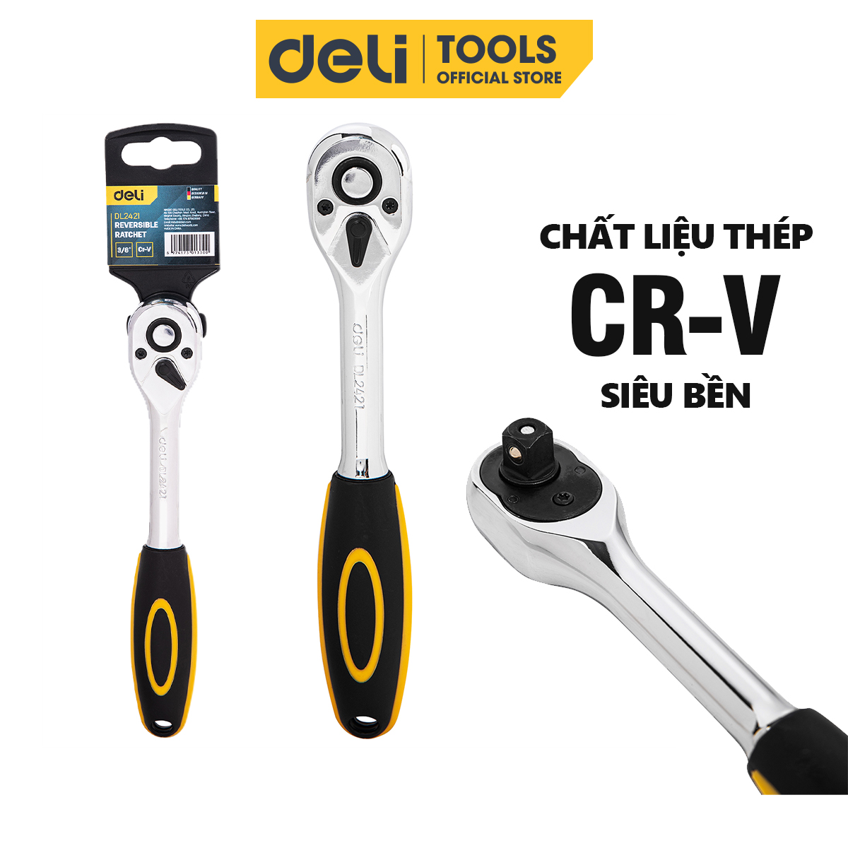 Cờ Lê Siết Lực 2 Chiều Deli - Chất Liệu Thép CR-V Cao Cấp - Kích Thước 6.3mm - 10mm - 45 răng - Vặn Bu Lông, Cân Lực