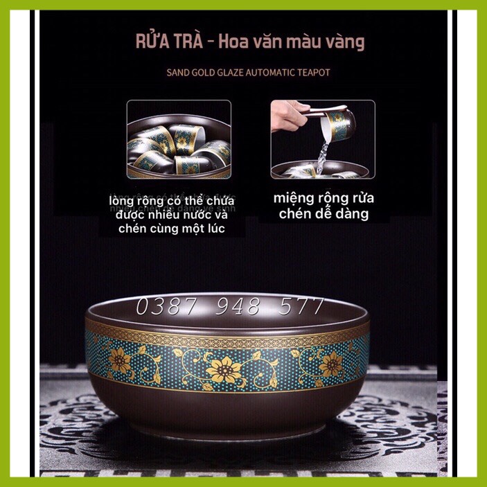 Bộ ấm chén pha trà đẹp Cối xay gốm sứ cao cấp,Bộ chén uống trà đạo 18 chi tiết hoa cẩm xanh lòng chén trắng