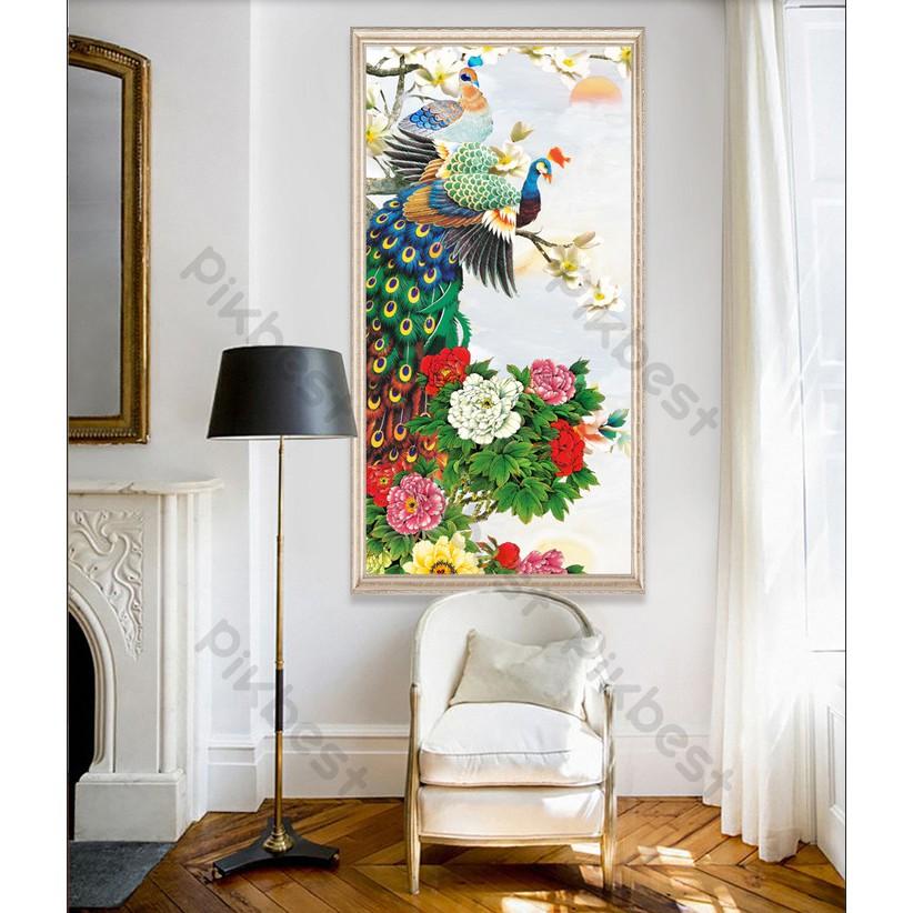 Tranh dán tường Hoa mẫu đơn và đôi chim công hạnh phúc, Tranh 3D dán tường hiện đại , MS 1119547