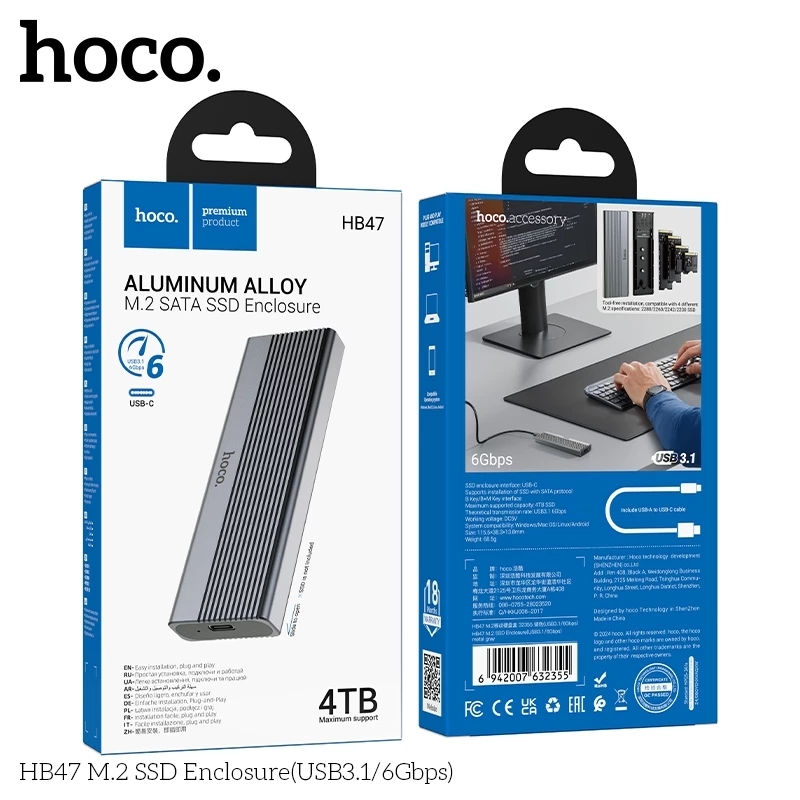 Box đựng ổ cứng Enclosure cho ổ SSD M2 Sata Hoco HB47 hợp kim nhôm tốc độ 6Gbps (đọc 400MB/s, ghi 400MB/s) _ Hàng chính hãng