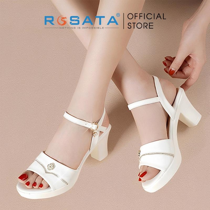 Giày sandal cao gót nữ ROSATA RO580 xỏ ngón mũi tròn quai hậu cài khóa gót cao 7cm xuất xứ Việt Nam - Đen