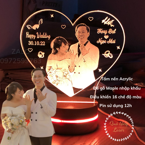 Hình ảnh Quà tặng đám cưới ý nghĩa - Đèn led 3d khắc tên theo yêu cầu - Đế gỗ cao cấp 16 màu nhập khẩu có viền sáng