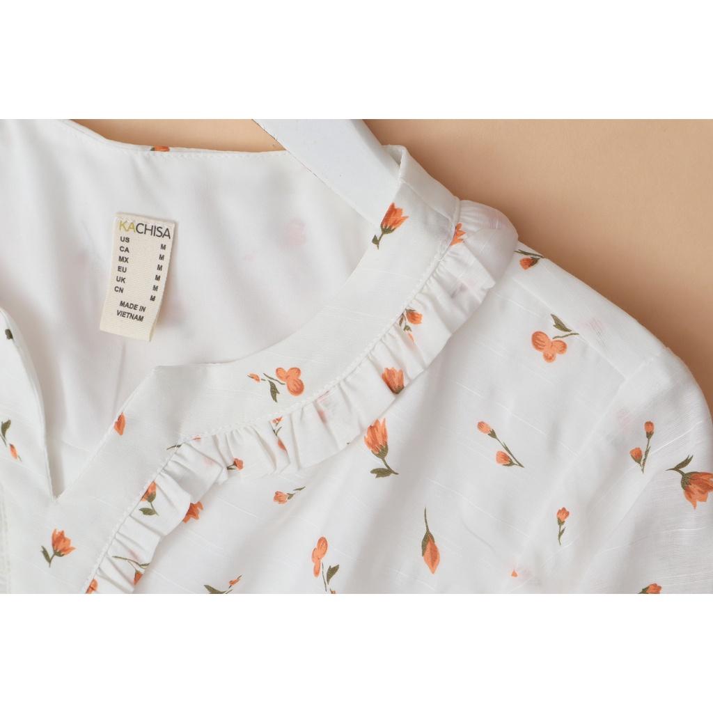 Áo tơ cotton cổ V KACHISA phối bèo họa tiết hoa